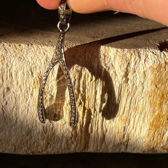 Diamond oxidized 925 silver Wishbone charm 1 7/8”l 5/8”w - Picture 7 of 10